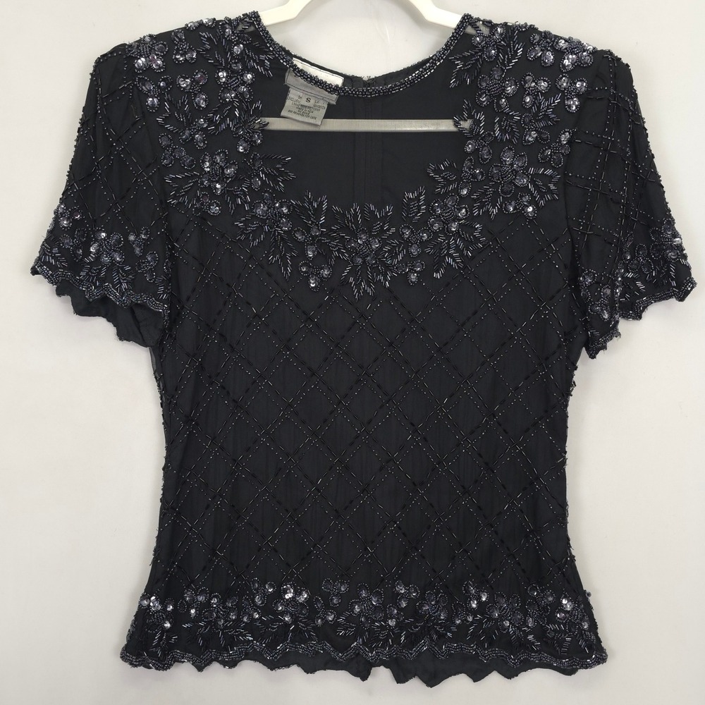 Stenay Top Women S Black Beaded Sequin Silk Evening Blouse Short Sleeve Vtg